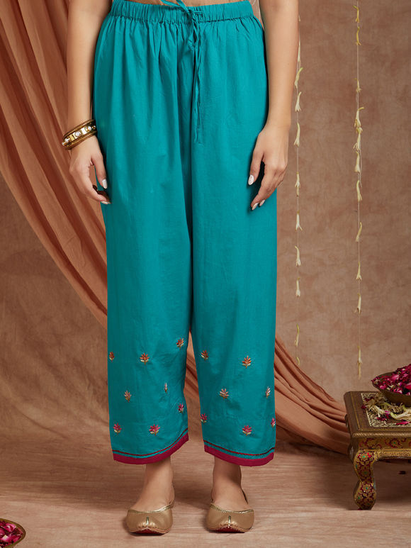 Turquoise Embroidered Cotton Pants