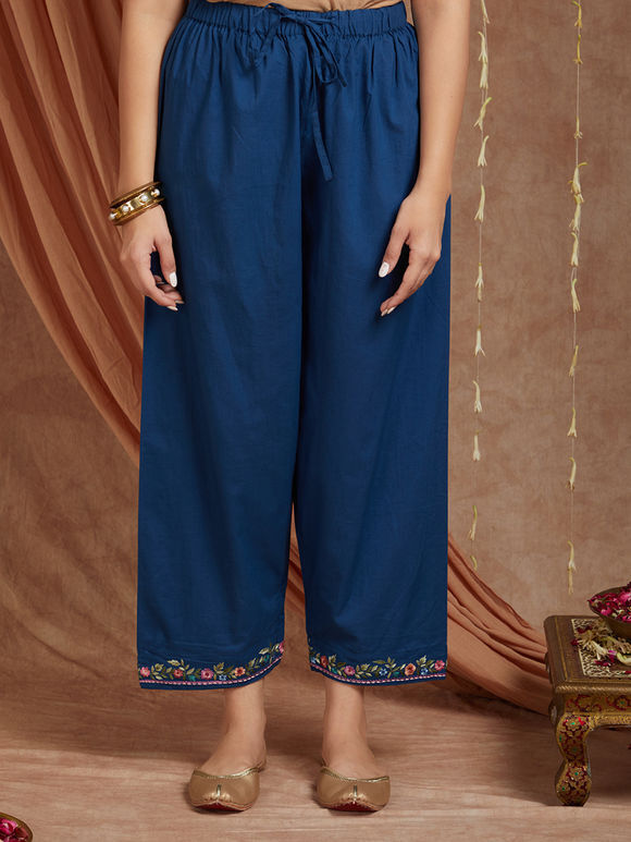 Navy Blue Embroidered Cotton Pants
