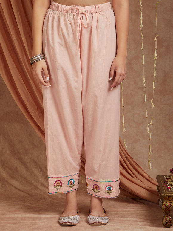 Peach Embroidered Cotton Pants