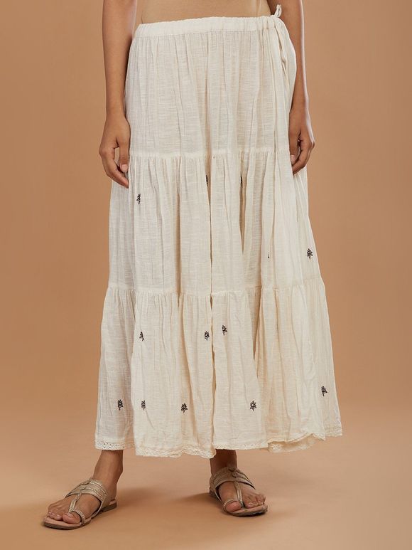 Off White Hand Embroidered Cotton Tiered Skirt