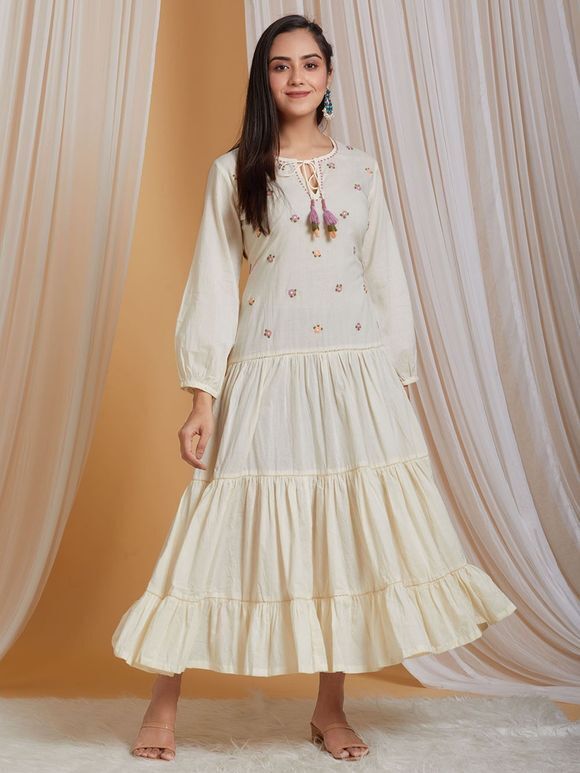 Off White Embroidered Cotton Tiered Dress