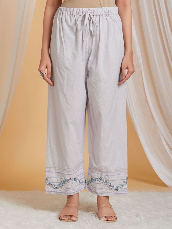 Grey Embroidered Cotton Pants
