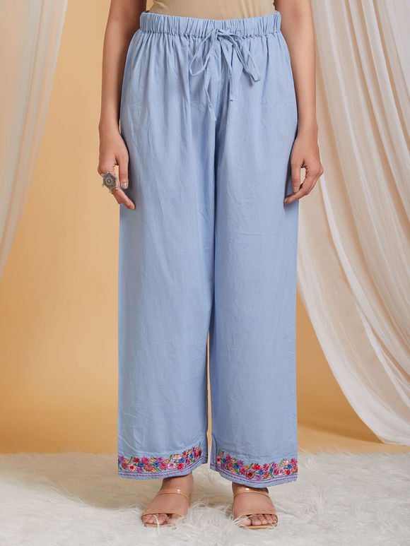 Sky Blue Embroidered Cotton Pants
