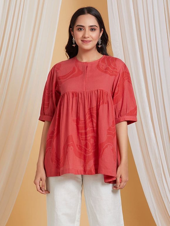 Coral Printed Cotton Top