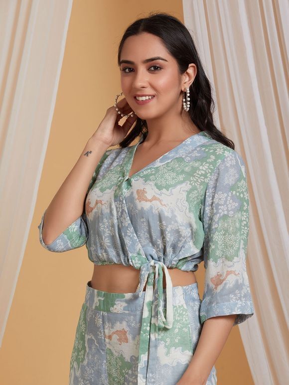 Blue Green Printed Cotton Co-ord Set - Set of 2