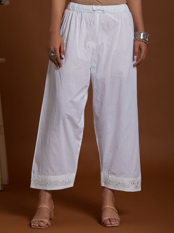 White Mirror Work Cotton Pants