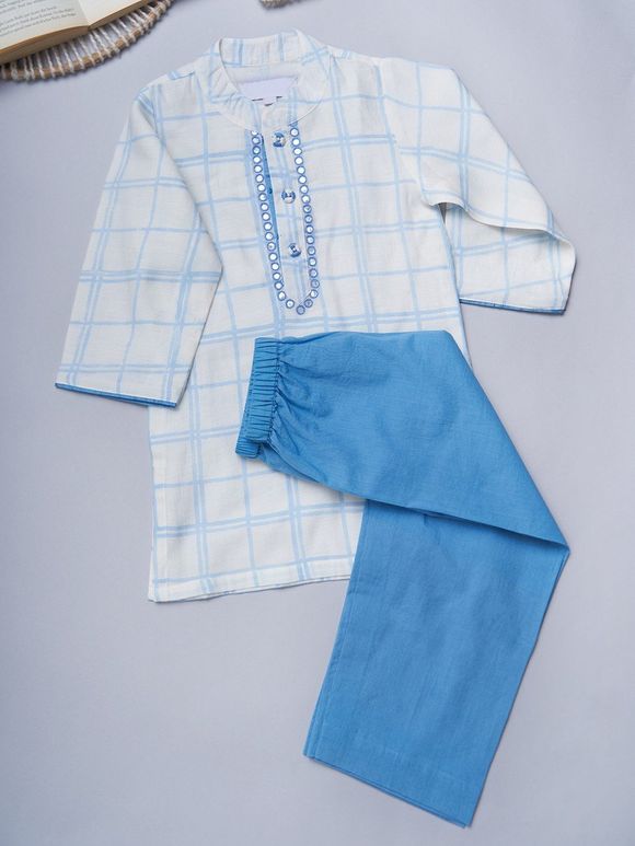 Sky Blue Hand Block Printed Chanderi Kurta with Pajama - Set of 2