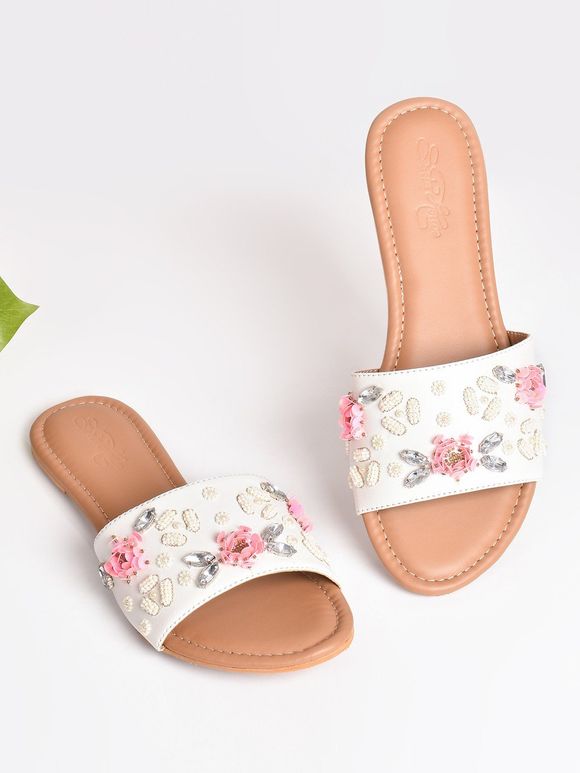 White Embroidered Faux Leather Flats