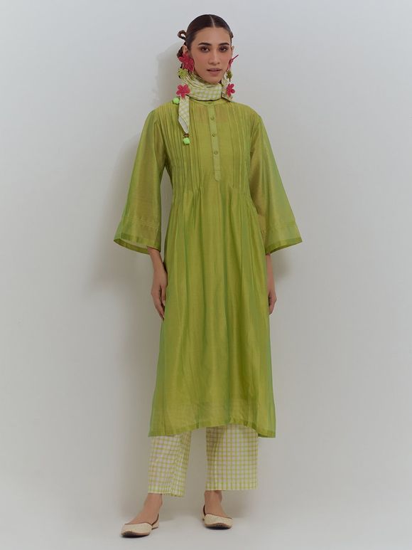 Green Zari Work Chanderi Silk Kurta with Slip