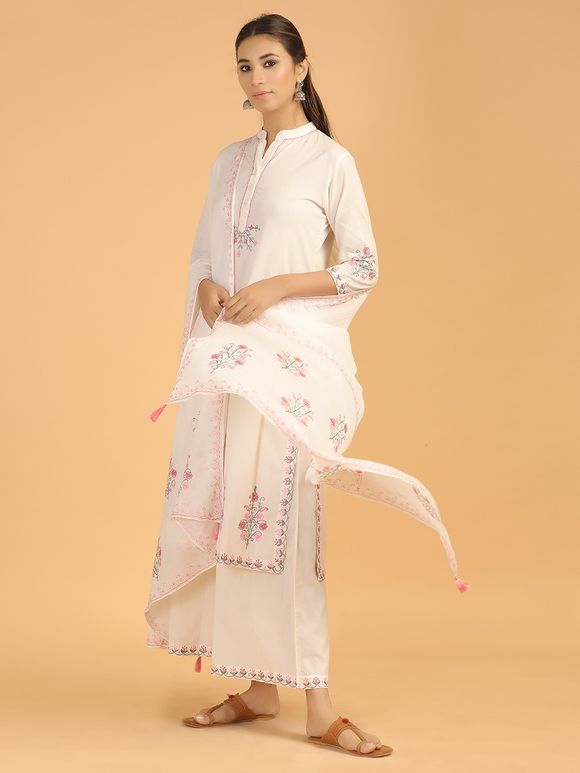 Off White Pink Aari Embroidered Cotton Suit- Set of 3