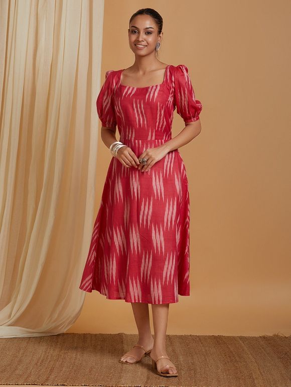 Peach Ikat Printed Cotton Dress