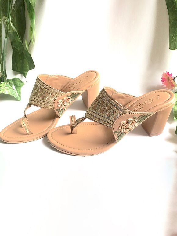 Buy Beige Embroidered Faux Leather Heels | SOH805 | The loom
