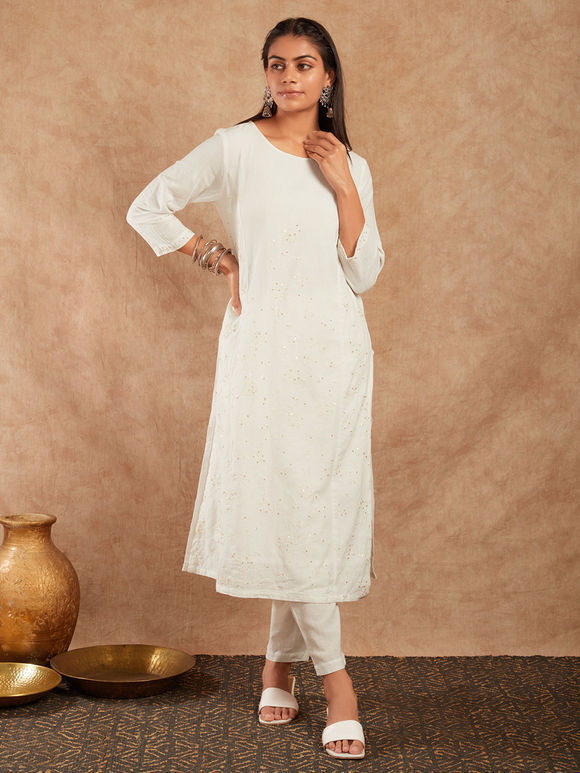 White Embroidered Cotton Kurta with Pants - Set of 2