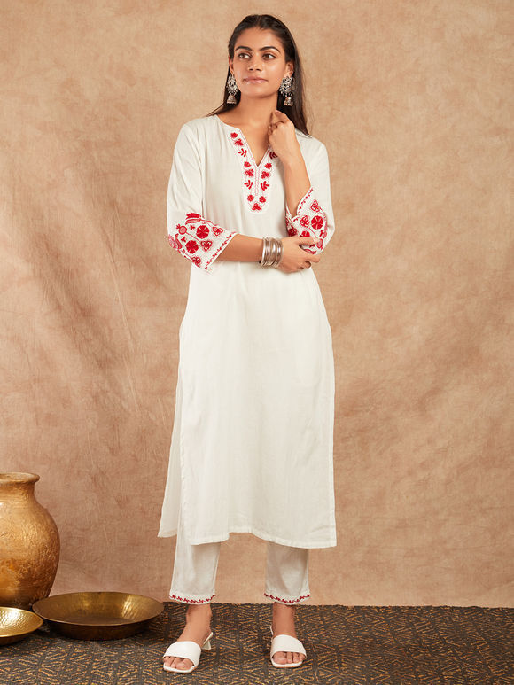 White Embroidered Cotton Linen Kurta with Pants - Set of 2