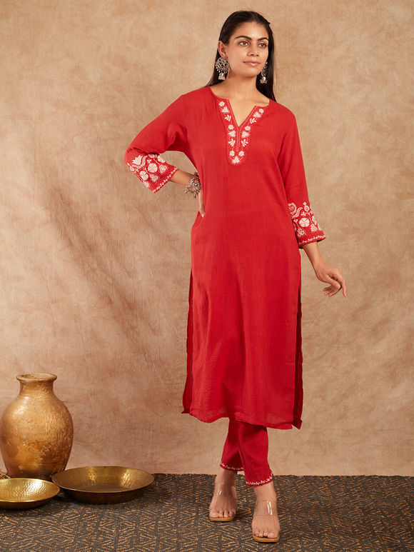 Red Embroidered Cotton Kurta with Pants - Set of 2