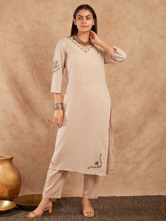 Pastel Pink Embroidered Cotton Kurta with Pants - Set of 2
