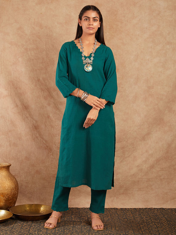 Green Embroidered Cotton Kurta with Pants - Set of 2
