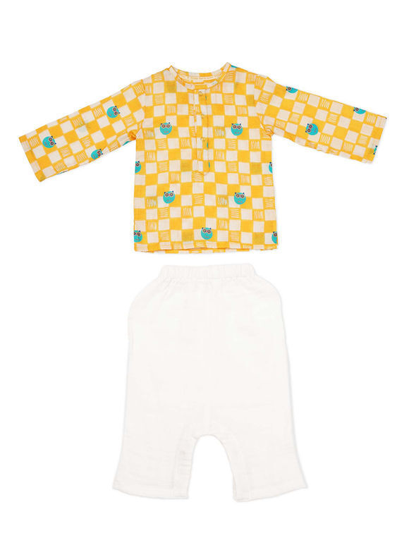 Yellow Printed Cotton Kurta with Pajama - Set of 2
