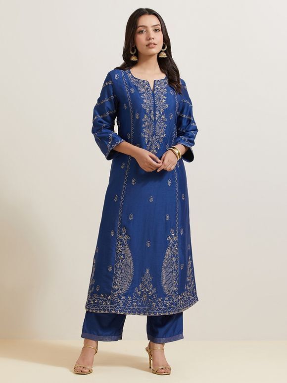 Blue Embroidered Chanderi Silk Kurta with Pants - Set of 2