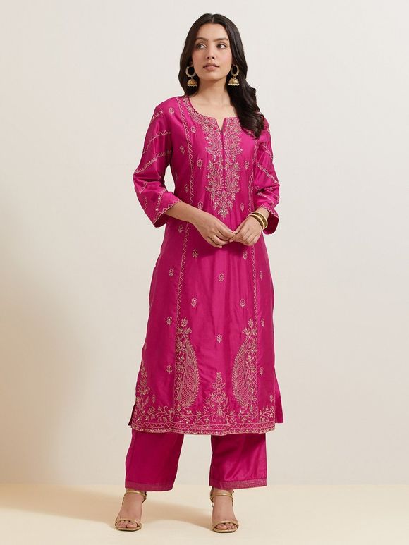 Pink Embroidered Chanderi Silk Kurta with Pants - Set of 2