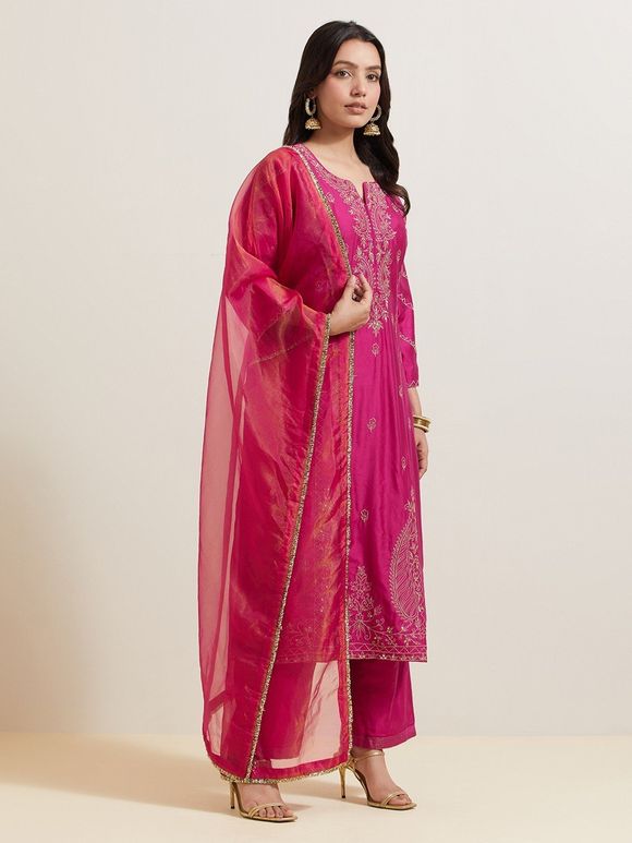 Pink Embroidered Chanderi Silk Suit- Set of 3