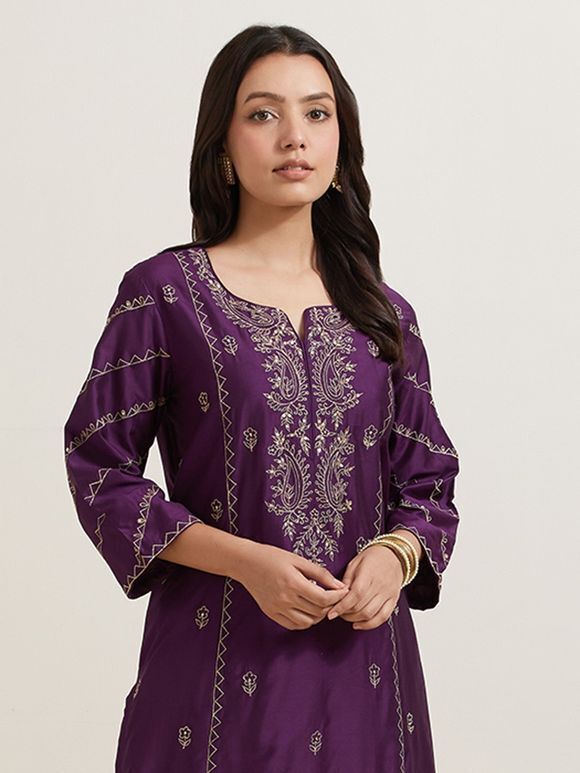 Purple Embroidered Chanderi Silk Kurta with Pants - Set of 2