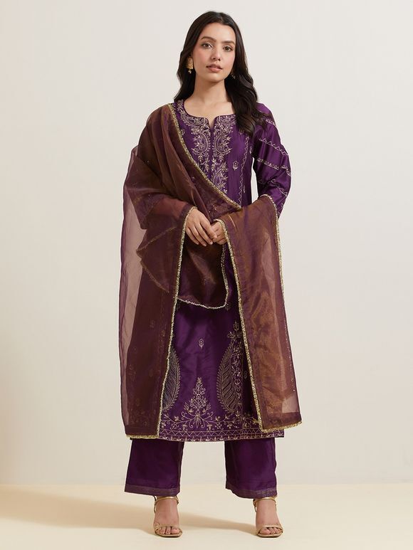 Purple Embroidered Chanderi Silk Suit- Set of 3