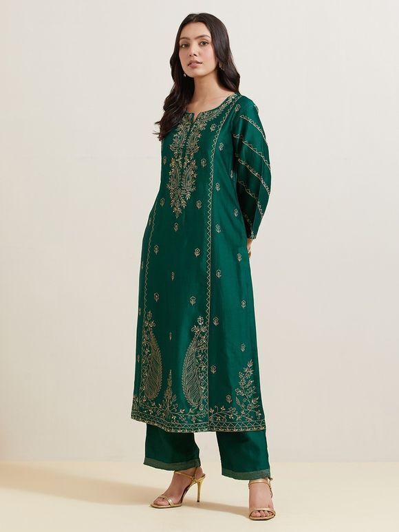Emerald Green Embroidered Chanderi Silk Kurta with Pants - Set of 2