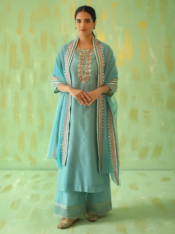 Powder Blue Hand Embroidered Chanderi Suit with Organza Dupatta- Set of 3