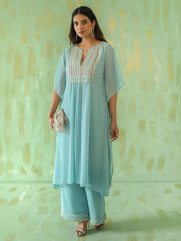 Powder Blue Mirror Embroidered Georgette Kaftan with Palazzo- Set of 2