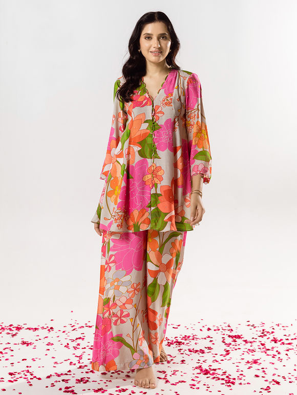 Deep Maroon Printed Habutai Silk Co-Ord Set main image 1