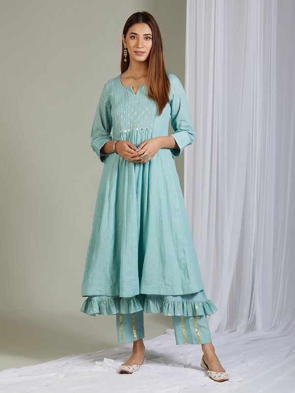 Sea Green Embroidered Jacquard Cotton Kurta with Frilled Inner and Striped Pants- Set of 2