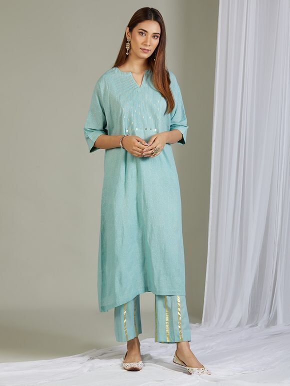 Sea Green Embroidered Jacquard Cotton Kurta with Striped Pants- Set of 2