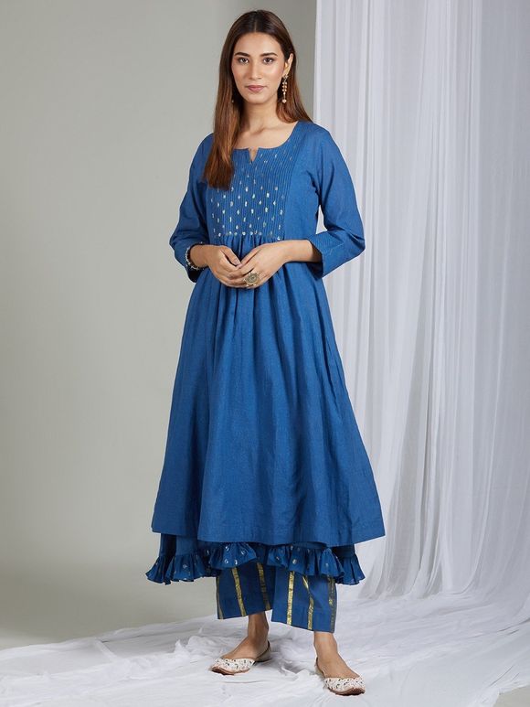 Blue Embroidered Jacquard Cotton Kurta with Frilled Inner and Striped Pants- Set of 2