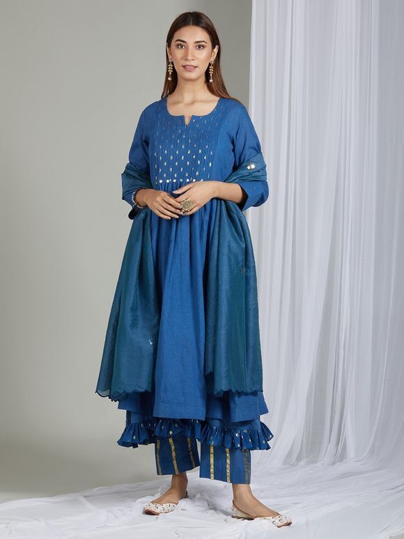 Blue Embroidered Jacquard Cotton Kurta with Frilled Inner, Striped Pants and Chanderi Silk Dupatta- Set of 3