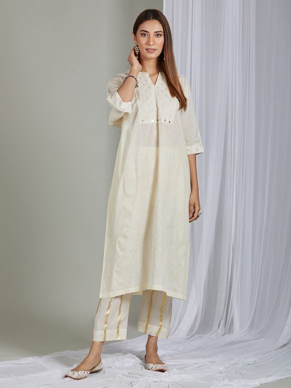 Off White Embroidered Jacquard Cotton Kurta with Striped Pants- Set of 2