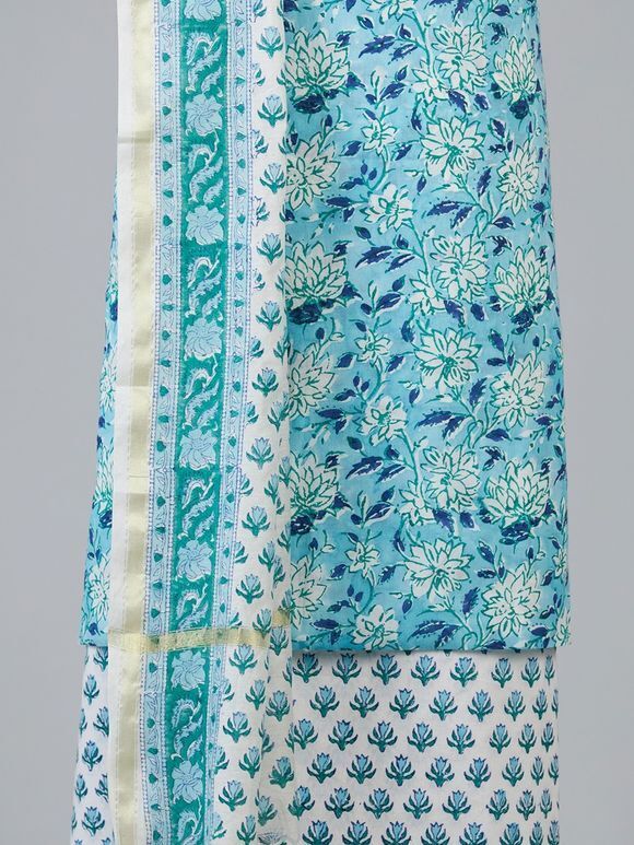Turquoise White Hand Block Printed Cotton Suit Fabric with Chanderi Dupatta - Set of 3
