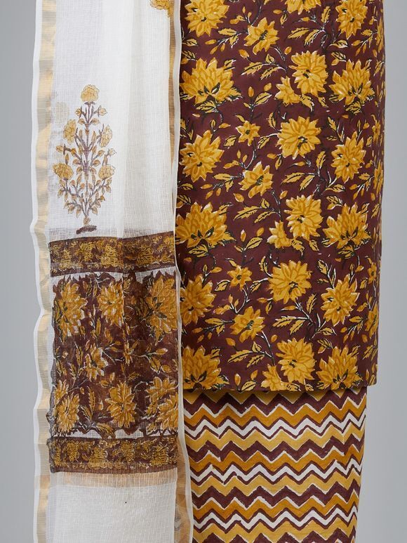 Maroon Yellow Hand Block Printed Cotton Suit Fabric with Kota Doria Dupatta - Set of 3