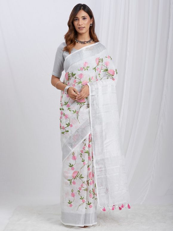 White Embroidered Linen Saree