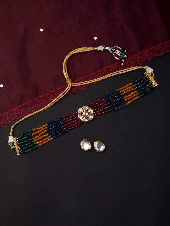 Multicolor Handcrafted Metal Kundan Choker with Earrings- Set of 2
