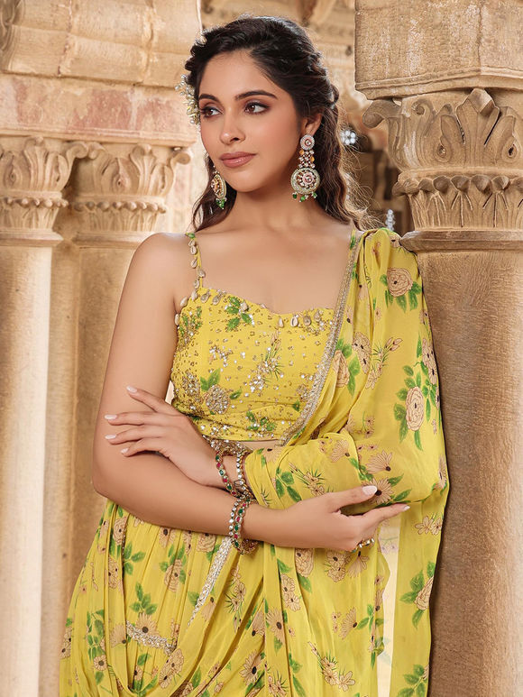 Lemon Yellow Printed Georgette Ready To Wear Drape Saree With Blouse and Belt- Set of 2