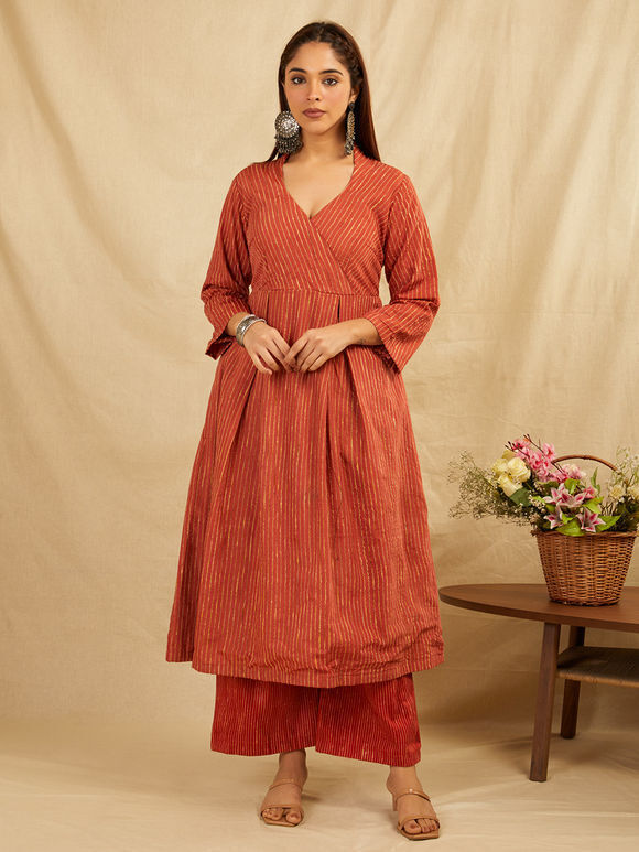 Orange Zari Handwoven Silk Kurta with Pants- Set of 2