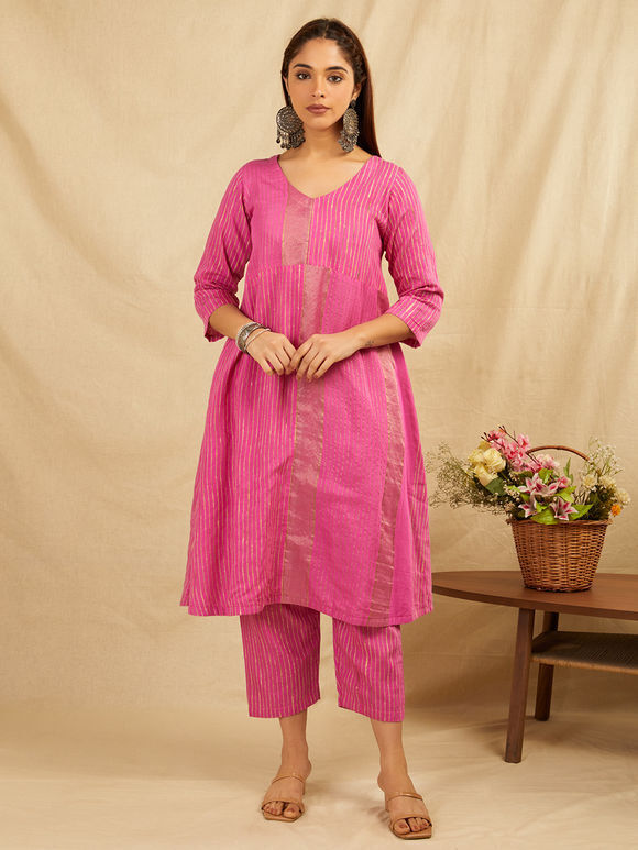 Pink Zari Handwoven Silk Kurta with Pants- Set of 2