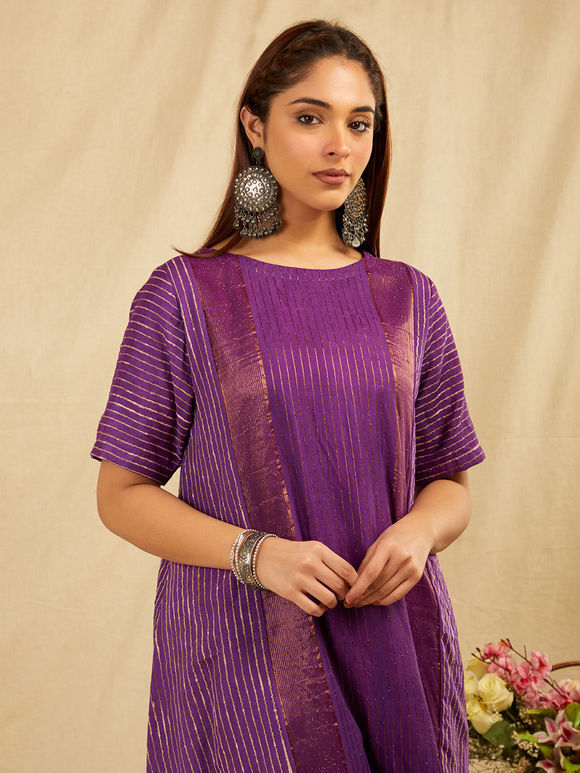 Purple Zari Handwoven Silk Kurta with Pants- Set of 2