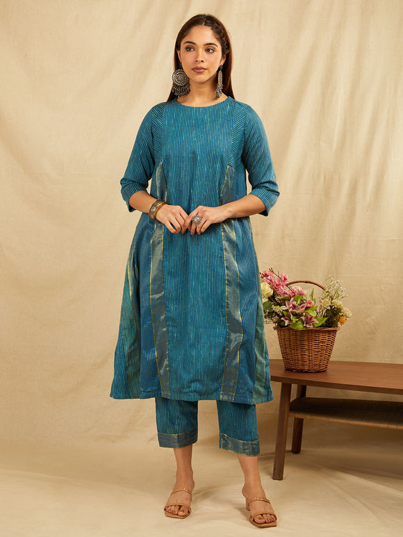 Teal Blue Zari Handwoven Silk Kurta with Pants- Set of 2