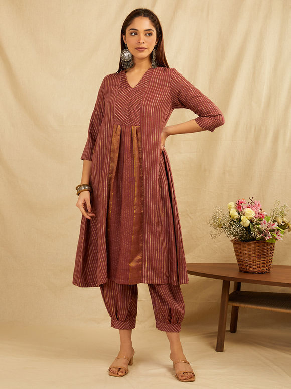Brown Zari Handwoven Silk Kurta with Pants- Set of 2
