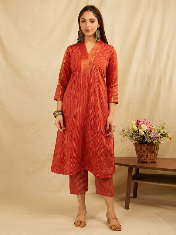 Rust Zari Handwoven Silk Kurta with Pants- Set of 2