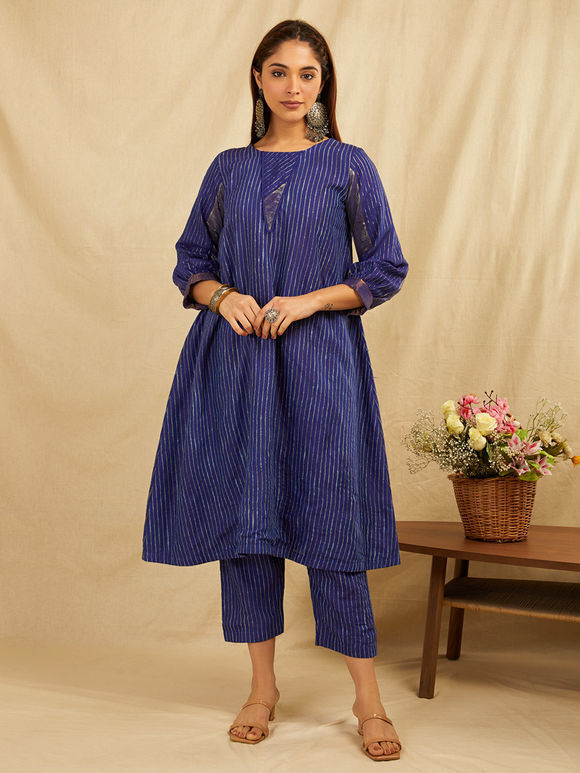 Blue Zari Handwoven Silk Kurta with Pants- Set of 2