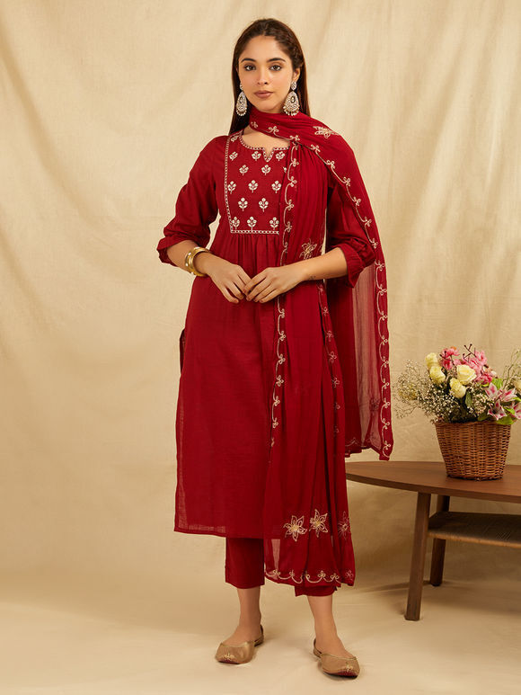Maroon Hand Embroidered Cotton Suit - Set of 3