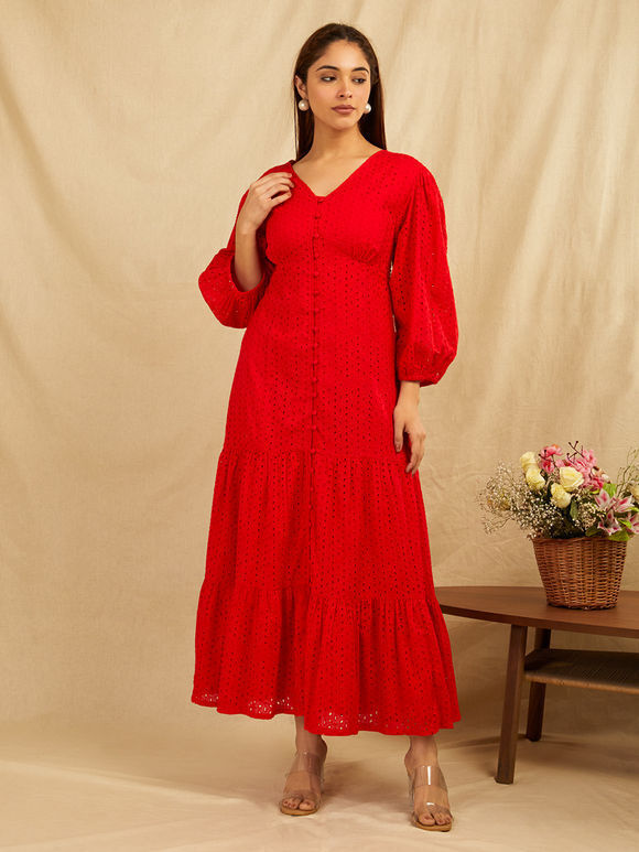 Red Embroidered Cotton Dress